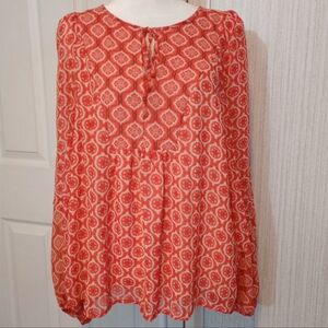 Maison D'Amelie Womens Size L Blouse Lined Chiffon Keyhole Orange Tie Ruffle LNC